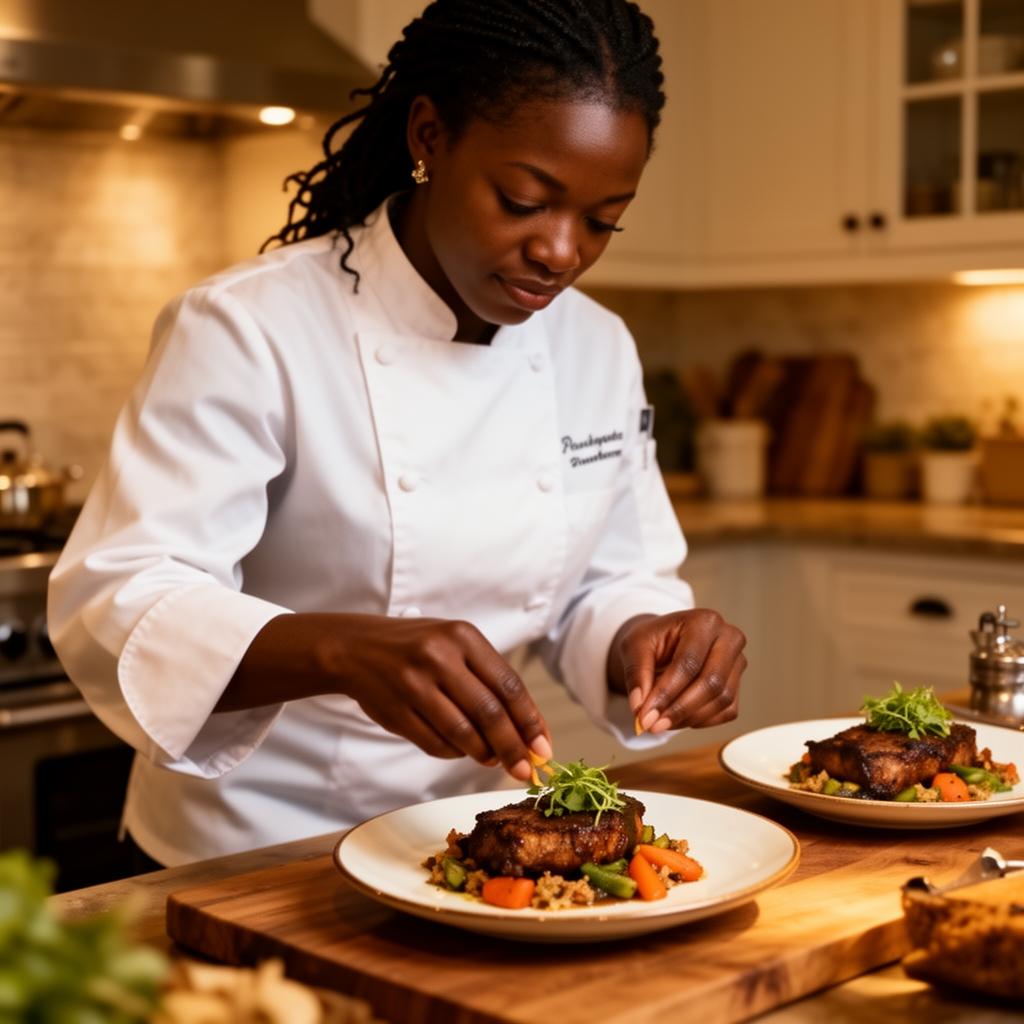 Chef plating soul food in a home kitchen