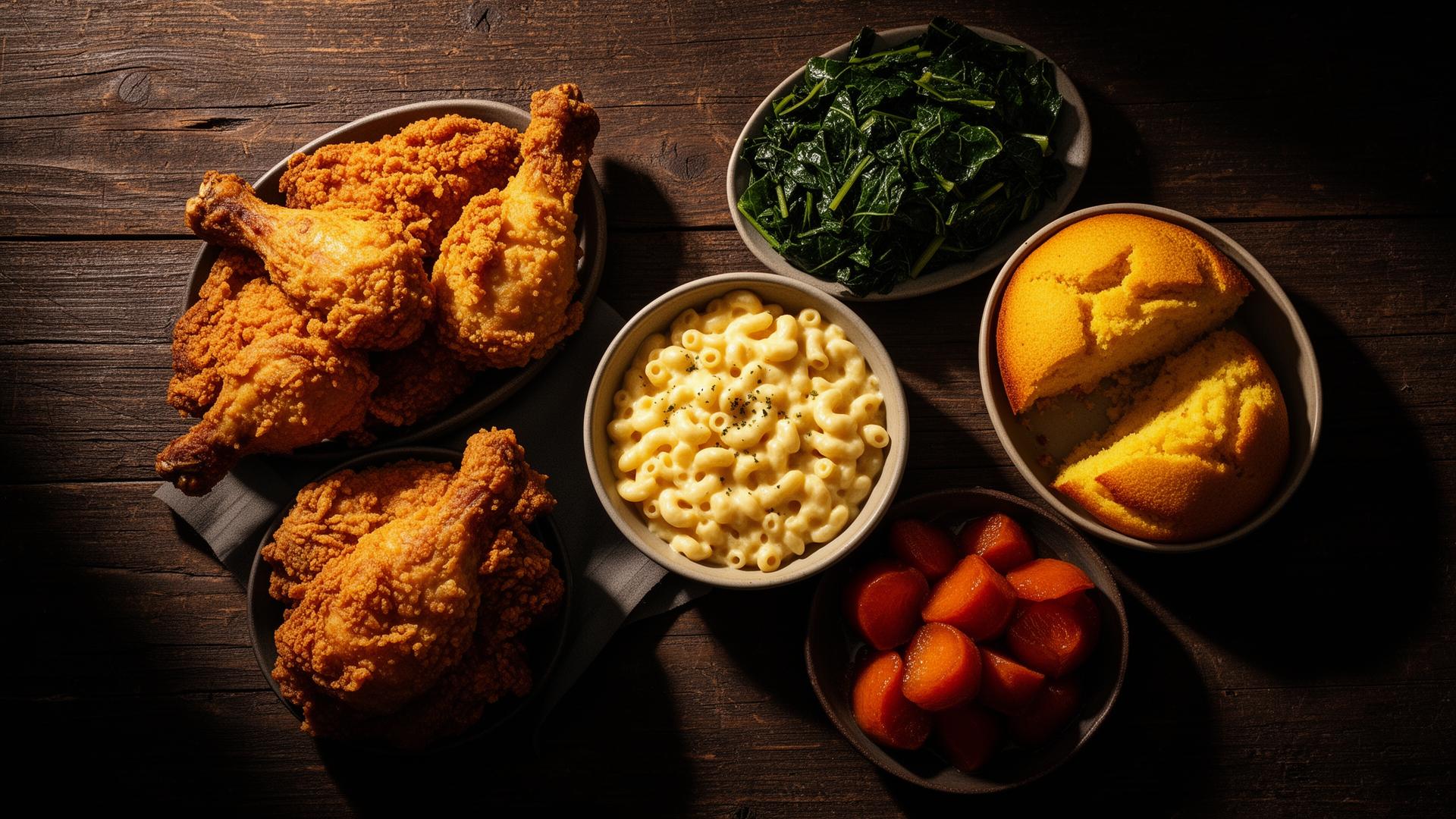 Soul food spread with fried chicken, mac and cheese, collard greens